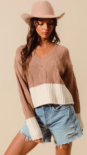 Cable Knit V-Neck Colorblock Sweater