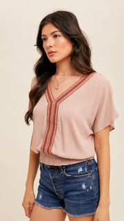 Embroider Double  V-Neck Top
