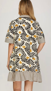 Geometric + Stripe Ruffle Hem Dress