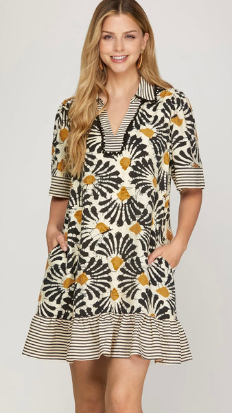 Geometric + Stripe Ruffle Hem Dress