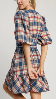 Plaid Flannel 1/2 Sleeve Velvet Trim Dress