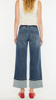 Mid Rise Patch Pkt Cuffed Wide Leg Jean