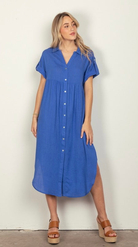 Linen Blend Button Front Midi Dress