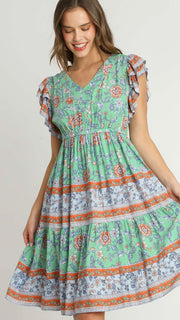 Floral Border Print Ruffle Sleeve Dress