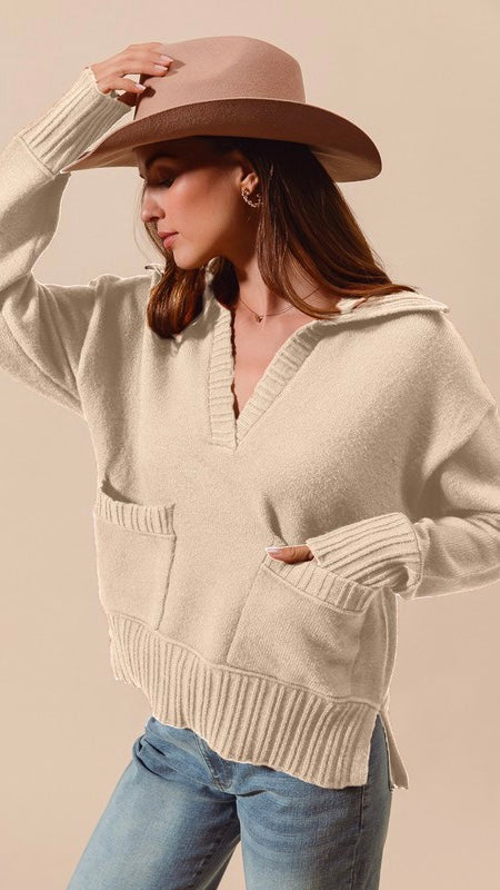 Ribbed Trim Patch Pkt Pullover Knit Top