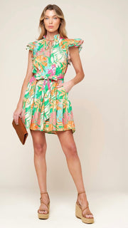 Tropical Print Ruffle Trim Dress