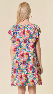 Big Ruffle Shoulder Floral Dress w/Pockets
