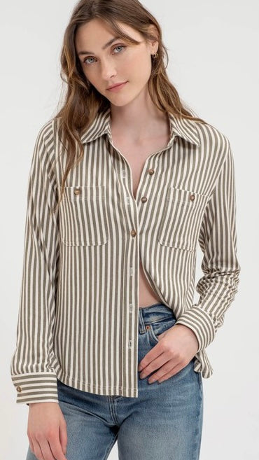 Striped Stretch Button Front Top