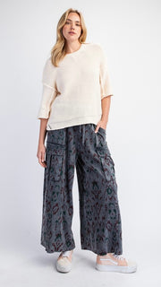 Patterned Cargo Pkt Wide Leg Knit Pants