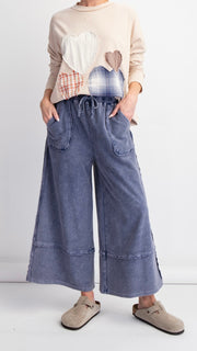 Reverse Terry Frayed Trim Wide Leg Pants