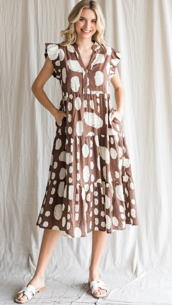 Abstract Dot Ruffle Shoulder Midi Dress
