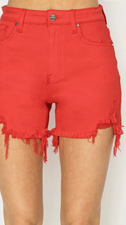 High Rise Destruct Hem Stretch Shorts