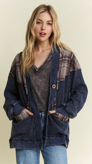 Mineral Wash Plaid Accent Slouch Cardigan