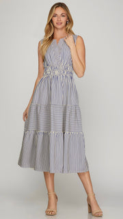 Striped Elastic Waist Midi Dress