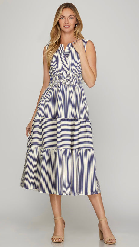 Striped Elastic Waist Midi Dress