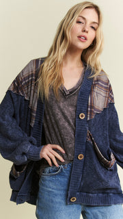 Mineral Wash Plaid Accent Slouch Cardigan