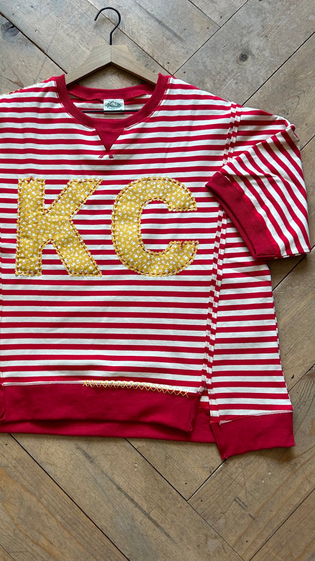 (99) Large-KC Quilt Hand-Stitch FTerry Stripe S/S Sweatshirt