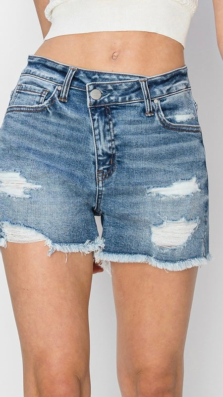 High Rise Crossover Destructed Shorts