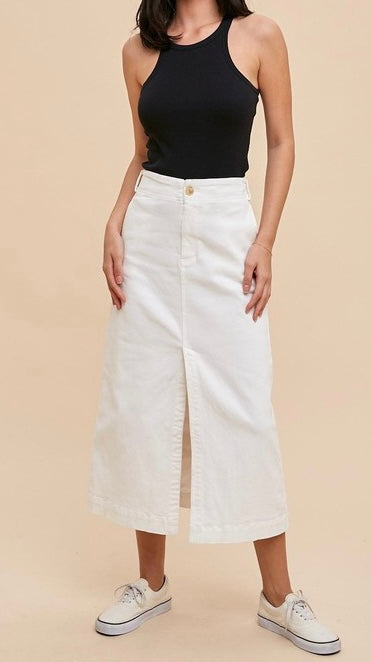 Stretch Twill Split Front Midi Skirt