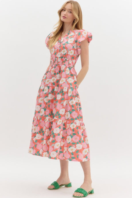 Puff Cap Sleeve Floral Midi Dress