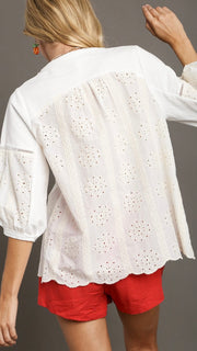 Eyelet + French Terry Puff Sleeve Top