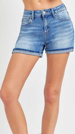 Mid Rise Cuffed Hem Stretch Shorts