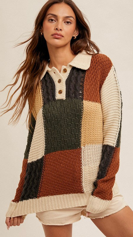 Patchwork Pullover Henley Sweater