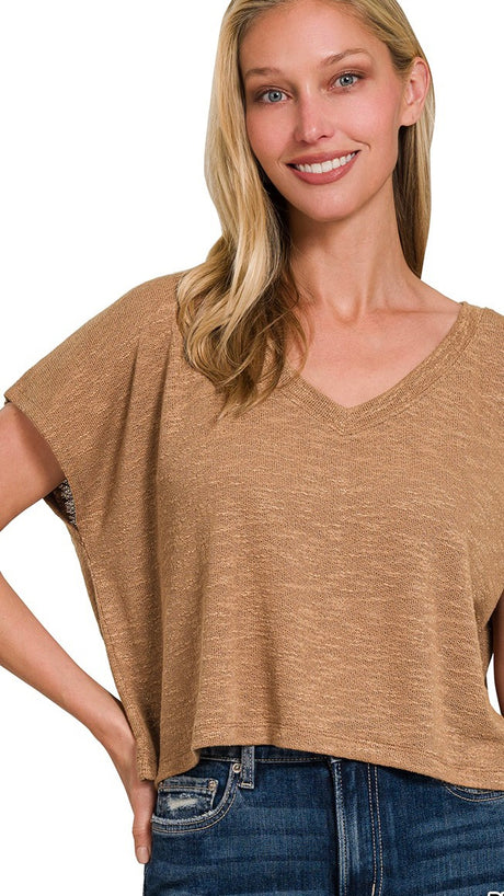 Loose V-Neck Textured Knit Top