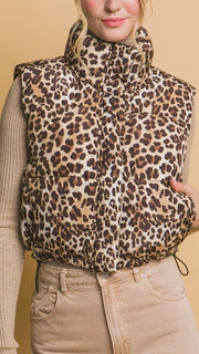 Leopard Print Puff Vest w/Pockets