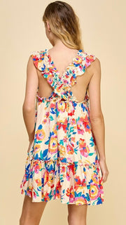 Bold Floral Ruffle X-Back Strap Dress