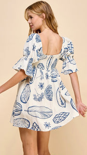 Tropical Fruit Puff Sleeve Dress w/Pockets