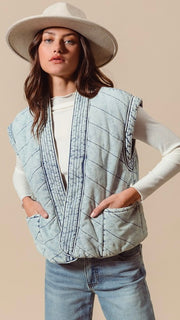 Quilted Washed Denim Vest w/Pockets