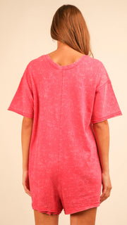 Mineral Wash V-Neck Knit Romper w/Pkts