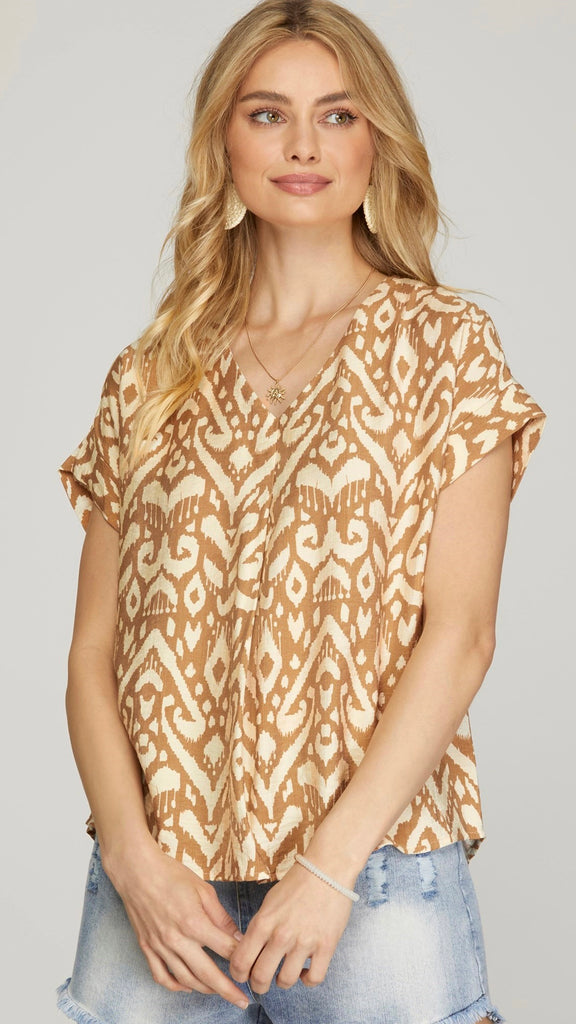 Batik Print Woven V-Neck Top