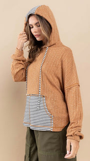 Lt Wt Rib Knit Contrast Pkt Hooded Top