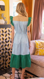 Color Block Ruffle Shoulder Midi Dress