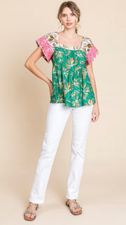 Mixed Floral Embroidered Sleeve Top