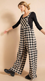 Brushed Plaid Wide Leg Overall Jumpsuit