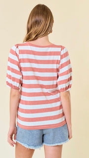 Stripe Puff Sleeve Cotton Top