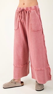 Reverse Terry Frayed Trim Wide Leg Pants