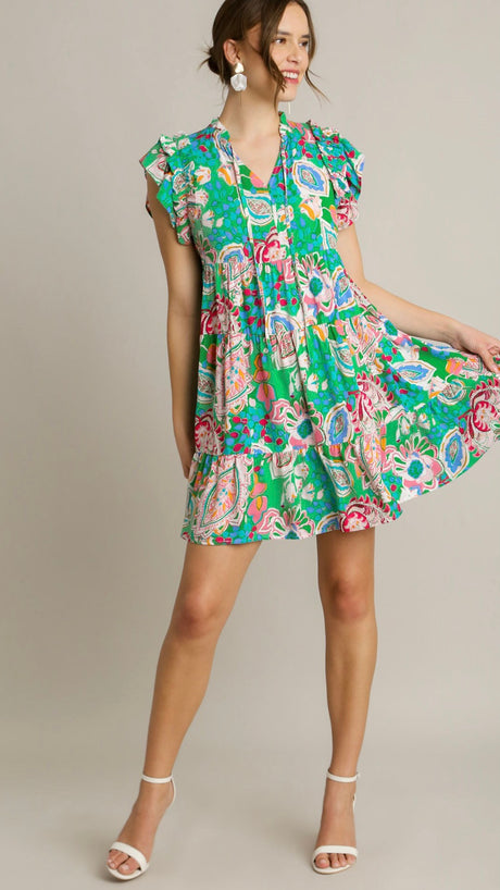 Mixed Print Ruffle Shoulder Dress