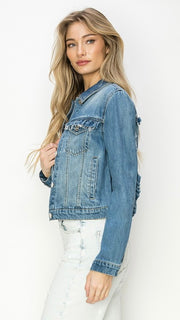 Ruffle Trim Cotton Denim Jacket