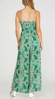 Paisley Print Smocked Jumpsuit w/Pkts