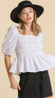 Stripe Smocked Bodice Puff Sleeve Top