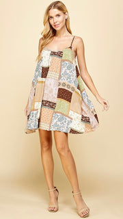 Patchwork Boho Strappy Back Dress w/Pkts