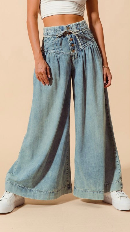 Pintuck Button Waist Wide Leg Jeans