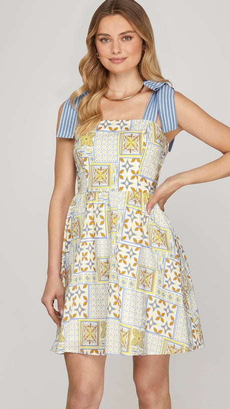 Patchwork + Stripe Tie Shoulder Dress