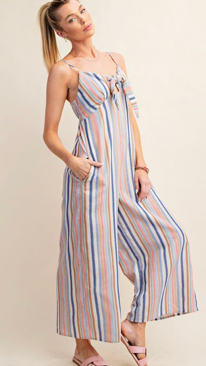 Multi Stripe Tie Front Jumpsuit