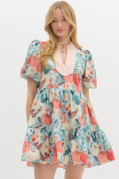 Floral Puff Sleeve Stripe Yoke Dress