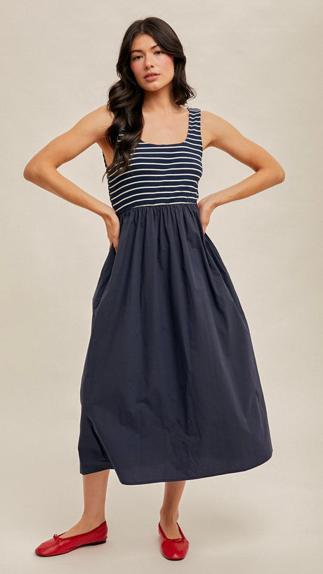 Stripe Mixed Fabric Midi Dress